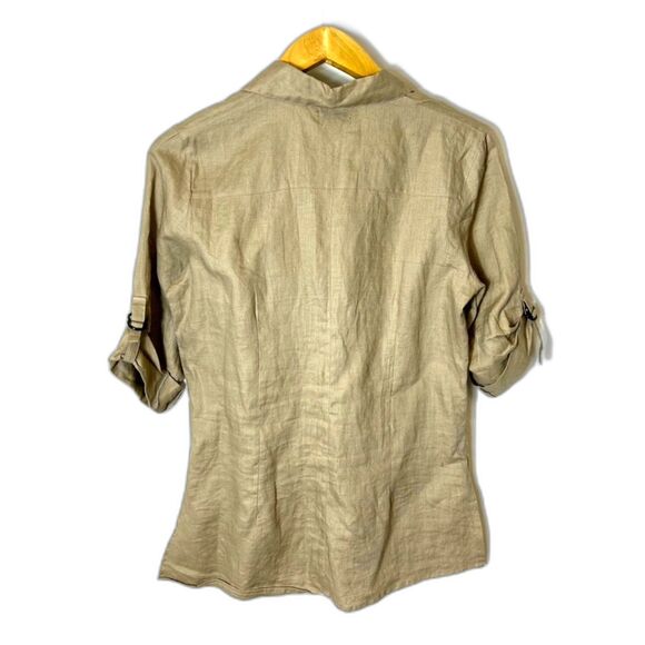 Vintage 90s Taxi Deep Tan Linen Roll Tab Sleeve Shaped Button Up Shirt Size L - Picture 6 of 13